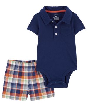 Conjunto De 2 Piezas De Pañalero Tipo Polo Y Short A Cuadros Carter's
