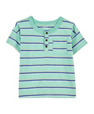 Playera Tipo Henley De Algodón A Rayas Y Manga Corta Verde Carter's