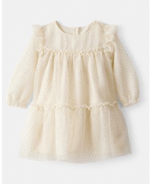 Vestido De Tul De Lunares Brillantes Y Manga Larga En Crema Carter's