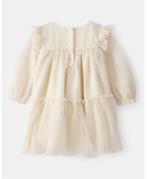Vestido De Tul De Lunares Brillantes Y Manga Larga En Crema Carter's