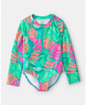 Traje De Baño De 1 Pieza De Manga Larga Y Estampado Tropical